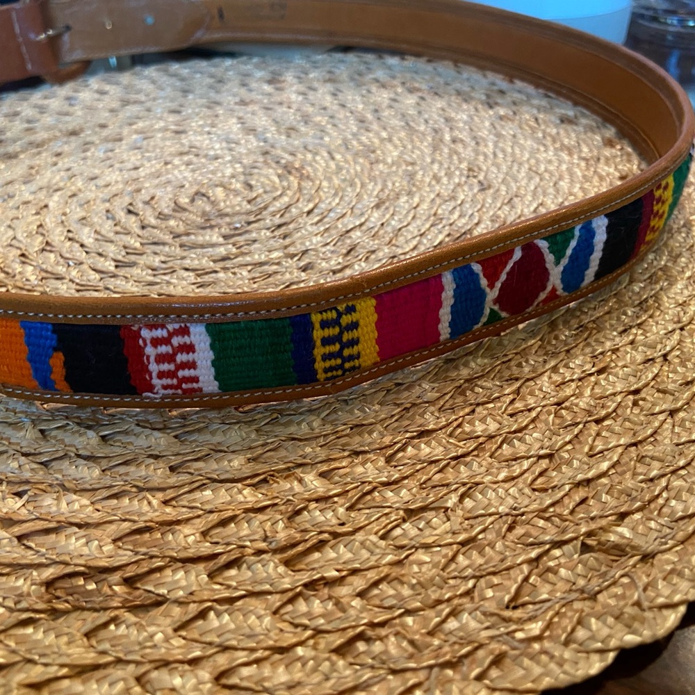 Guatemalan Aztec Stitched Leather & MultiColored Embroidered Belt Boho 43"